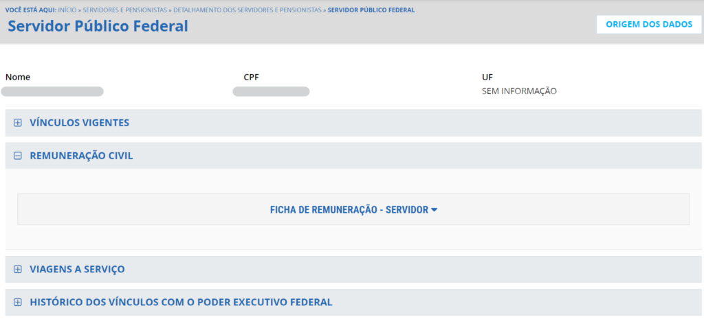 Captura de tela da página do Portal da Transparência para consulta da remuneração de servidores do governo federal.