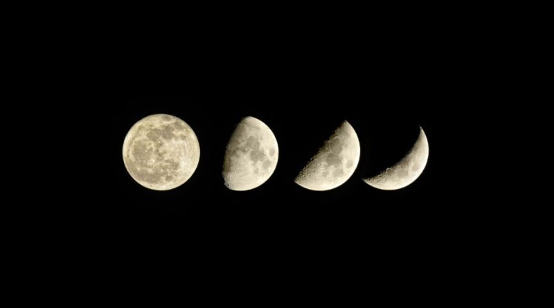 Fases da Lua mostrando desde a Lua nova até a Lua cheia no céu noturno.
